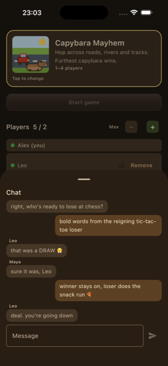 In-app chat between players in a NextSeat lobby