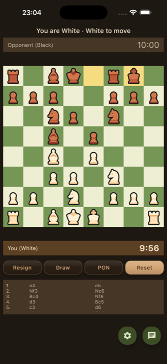Chess game in NextSeat with a chess clock and move list