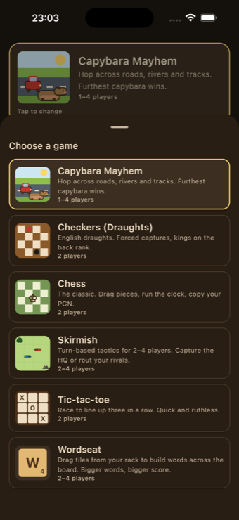 NextSeat game picker showing chess, checkers, skirmish and more