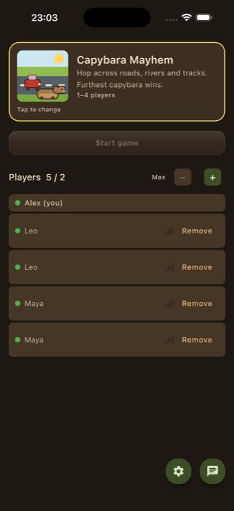 NextSeat lobby with five players gathered and a game ready to start