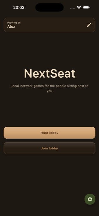 NextSeat home screen with Host lobby and Join lobby