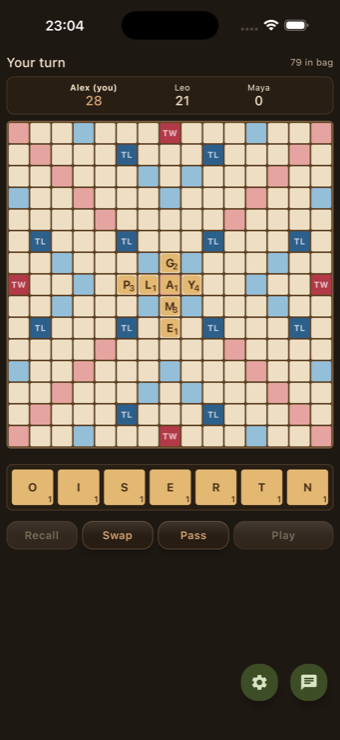 Wordseat tile-laying word game board in NextSeat